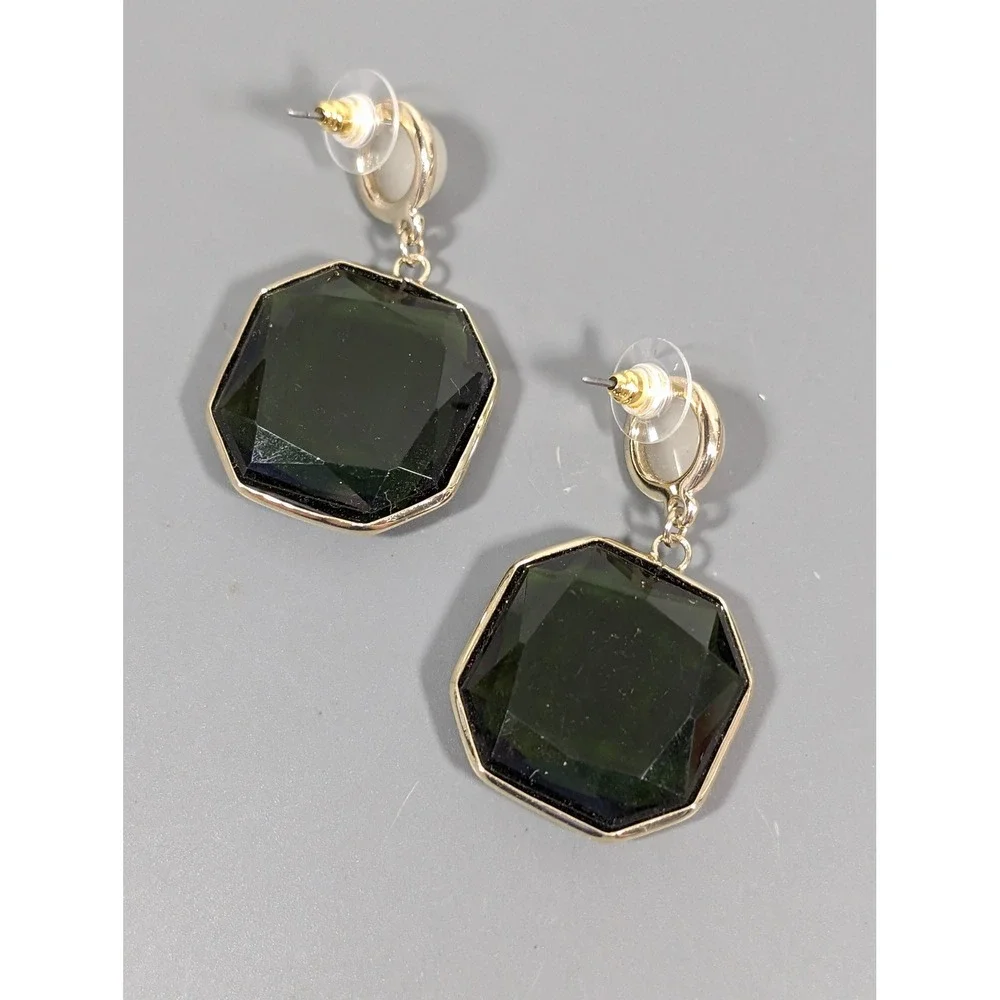 Green‎ Acrylic Bezel Set Drop Earrings Gold Tone Geometric Dangle Pierced